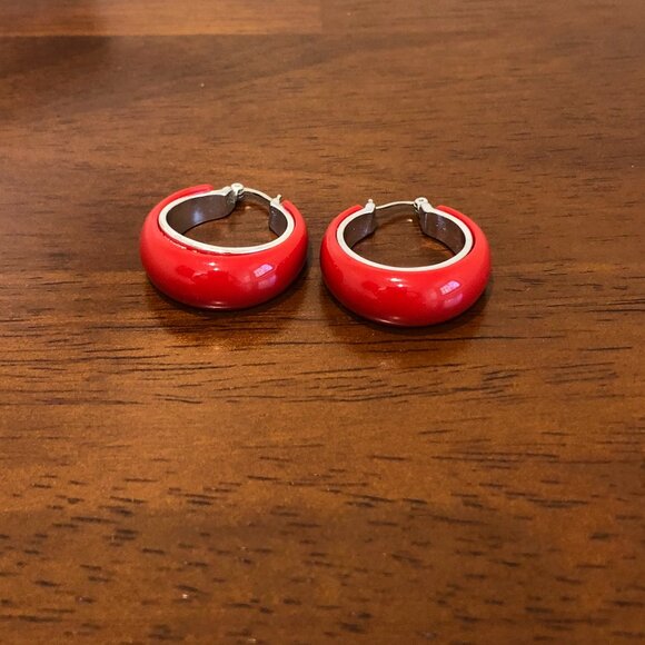 Cute Red Silver Tone Hoop Earrings. - Picture 6 of 10